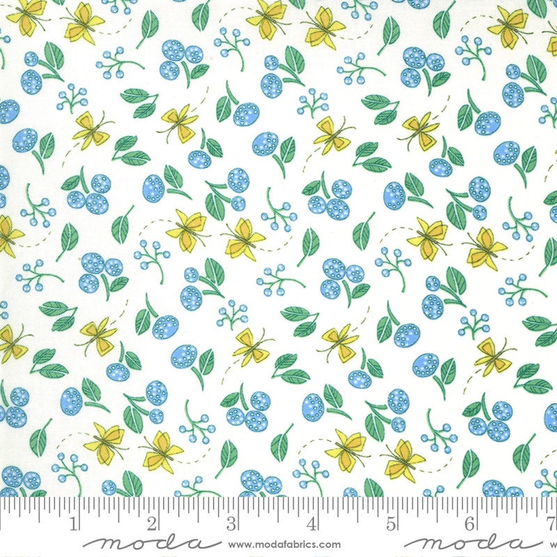 REMNANT 24" of Cottage Bleu - Blue Green Butterflies on Cream Fabric, Moda 48693 11, Floral Butterfly Fabric, Robin Pickens