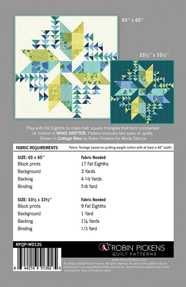 Wind Drifter Quilt Pattern, Robin Pickens RPQP-WD135, Fat Eighths F8 Friendly Square Throw Baby Wall Quilt Pattern, Large Pinwheel Quilt