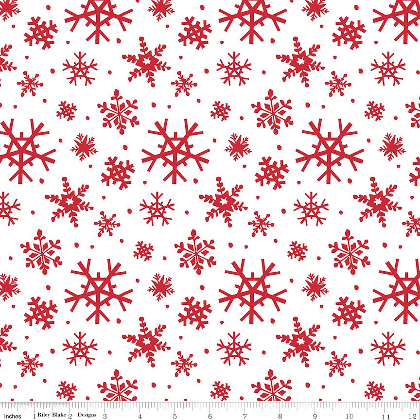 Holly Holiday - Red Snowflakes on White Fabric, Riley Blake C10882-White, Red White Snowflake Cotton Fabric, By the Yard