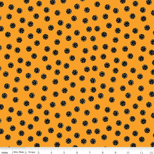 REMNANT 35" of Old Made- Snap Dots Orange Black Polka Dot Halloween Fabric, Riley Blake C10596-Orange, Sewing Themed Orange Polka Dot Fabric