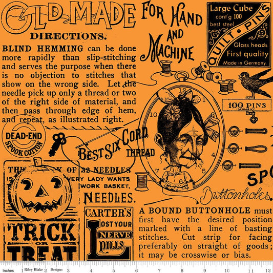 LAST CALL Old Made Text Orange, Riley Blake C10594-Orange, Black Text on Orange Sewing Themed Halloween Fabric, J. Wecker Frisch