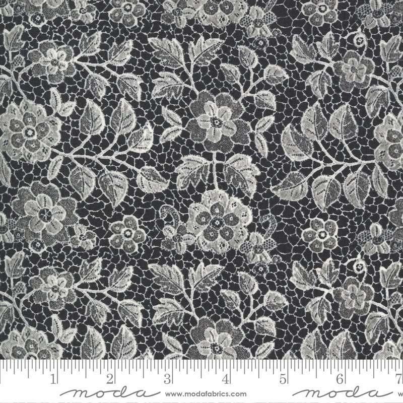 Boudoir - Caviar Lace Black Cream Floral Fabric, Moda 30652 13, Boudoir Black Lacey Look Fabric Yardage, By the Yard