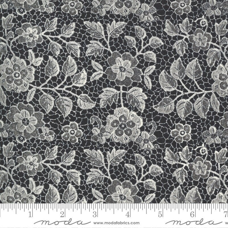 REMNANT 35" of Boudoir - Caviar Lace Black Cream Floral Fabric, Moda 30652 13, Boudoir Black Lacey Look Fabric Yardage