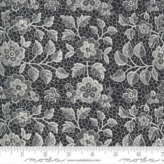 REMNANT 35" of Boudoir - Caviar Lace Black Cream Floral Fabric, Moda 30652 13, Boudoir Black Lacey Look Fabric Yardage