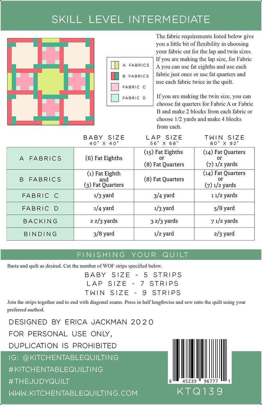 LAST CALL - The Judy Quilt Pattern, Kitchen Table Quilting KTQ139, Fat Eighth F8 Fat Quarter FQ Friendly, Baby Lap Twin Quilt Pattern