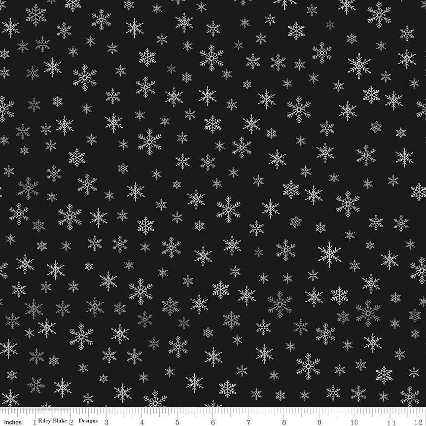 REMNANT 23" of Farmhouse Christmas - Black White Snowflake Fabric, Riley Blake C10954-Black, White Snowflakes Black Fabric, Echo Park