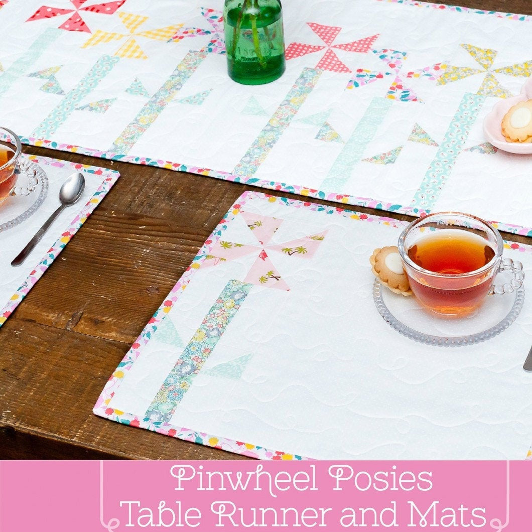 LAST CALL Pinwheel Posies Table Runner and Place Mats Quilt Pattern, Tied with a Ribbon TR031, Fat Eighths Friendly, Flower Quilt Pattern