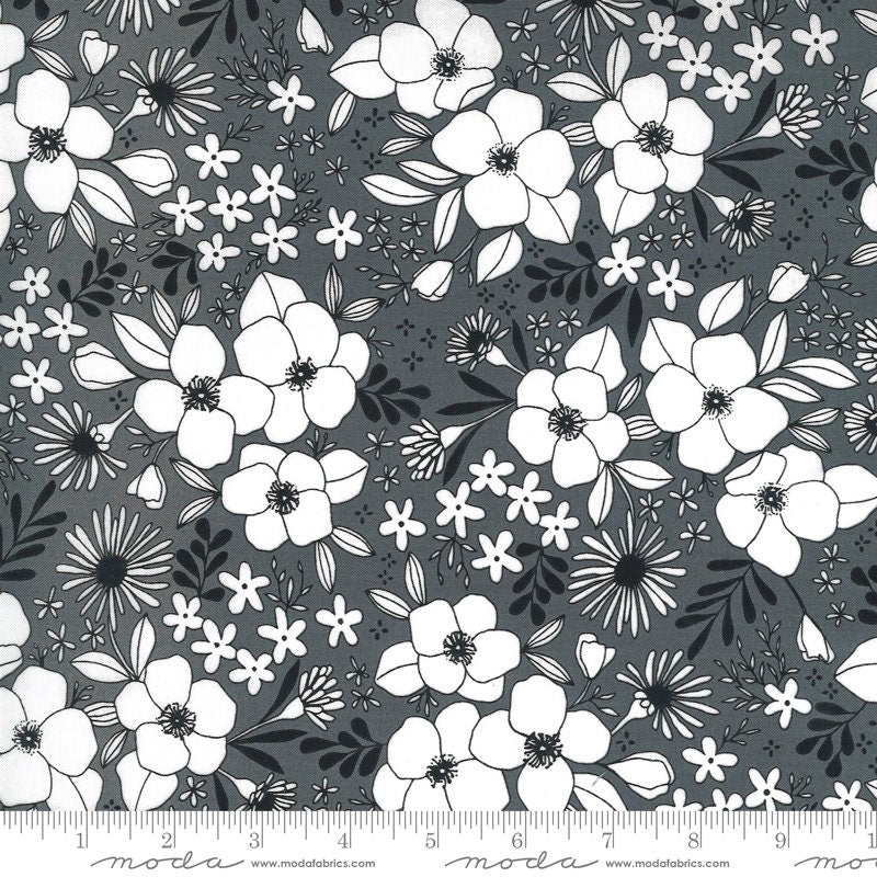 REMNANT 28" of Illustrations - Graphite Gray White Black Floral Fabric, Moda 11503 14, Alli K Design