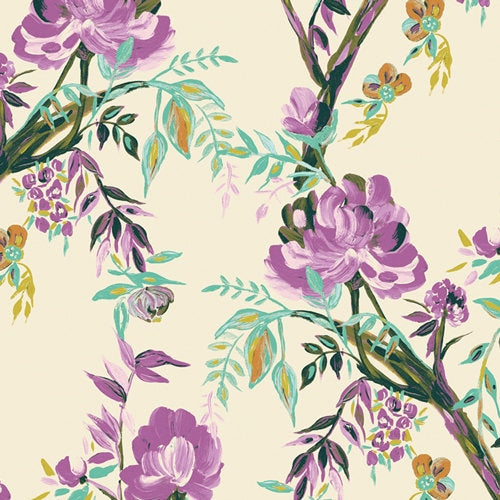 REMNANT 29" of 365 Fifth Avenue - Betty Ann's Charm Lavender Teal Floral on Cream Fabric, Art Gallery Fabrics FAV-95841, Bari J