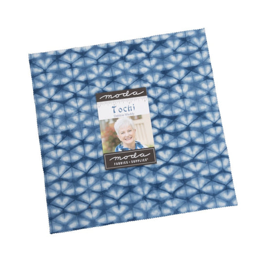 DESTASH Tochi Layer Cake, Moda 48060LC, 10" Precut Indigo Blue Gold Gray Fabric Shibori Tie Dye Look Fabric Squares, Debbie Maddy