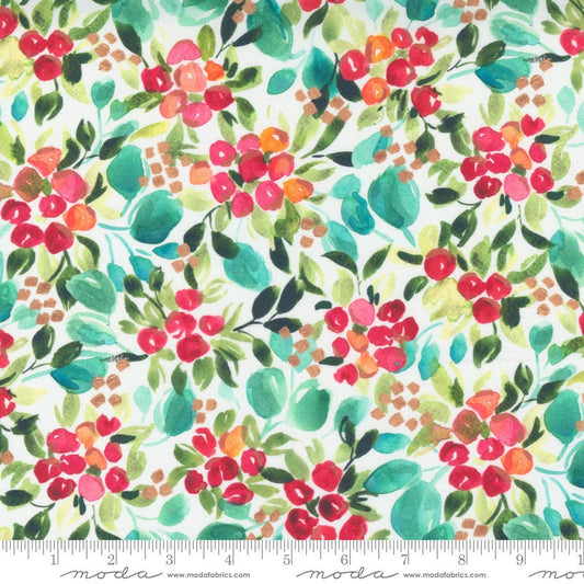 Starflower Christmas - Watercolor Holly Berry Fabric, Moda 8481 11, Christmas Xmas Holly on White Fabric, Create Joy Project, By the Yard