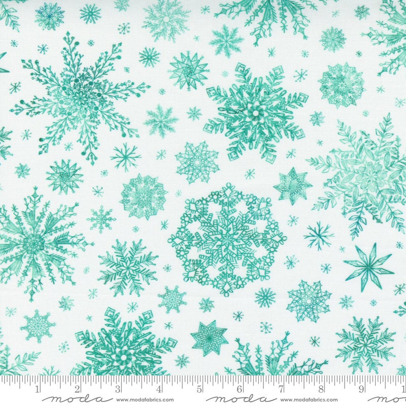 Starflower Christmas - Teal Watercolor Snowflakes on White Fabric, Moda 8483 11, Christmas Xmas Snowflake Fabric, Create Joy, By the Yard
