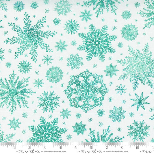 Starflower Christmas - Teal Watercolor Snowflakes on White Fabric, Moda 8483 11, Christmas Xmas Snowflake Fabric, Create Joy, By the Yard