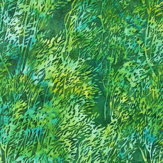 REMNANT 35" of Poplar Trees - Chameleon Green Batik Fabric, Island Batik 122009640, Green Tonal Texture Batik Blender Fabric