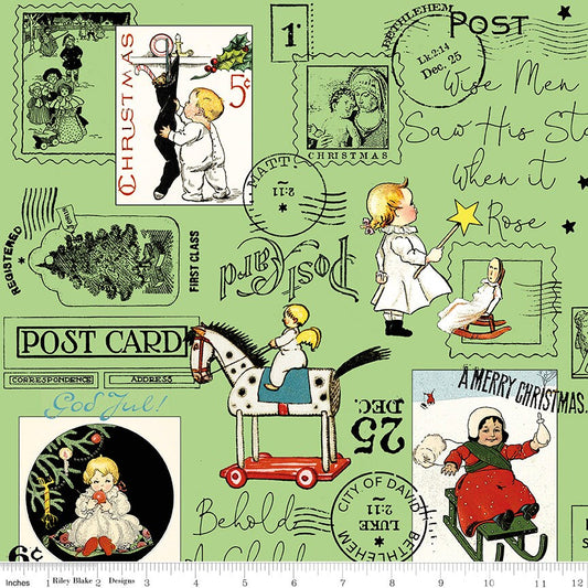 LAST CALL All About Christmas - Green Collage Christmas Xmas Fabric, Riley Blake C10793-Green, Christmas Post Fabric, Frisch, By the Yard