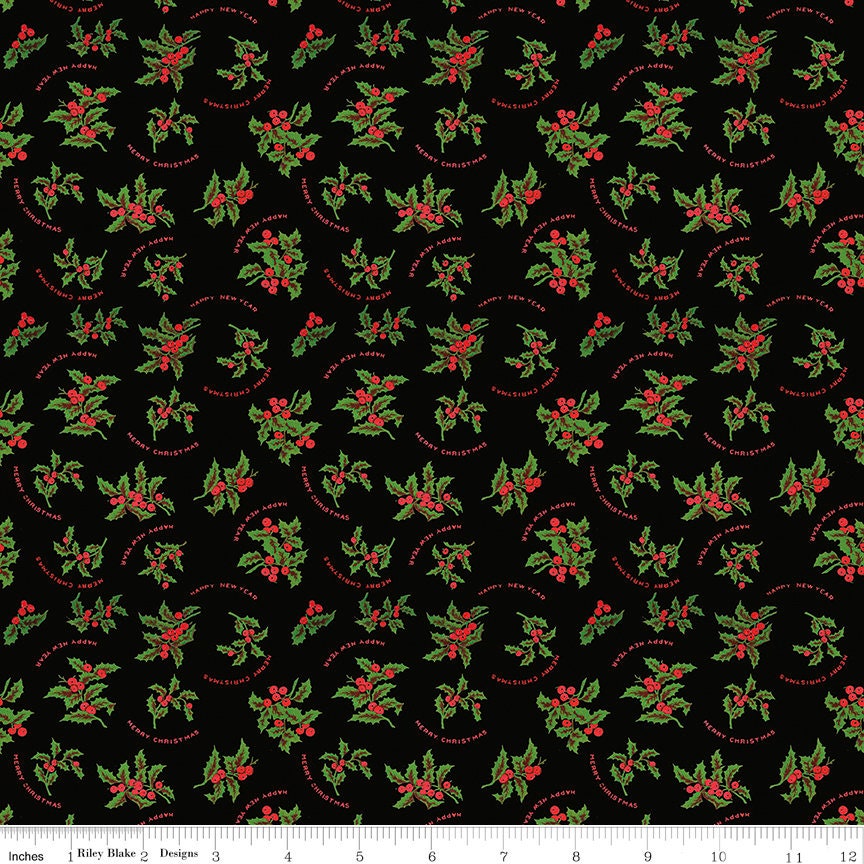 REMNANT 18" of All About Christmas - Holly on Black Fabric, Riley Blake C10800-Black, J Wecker Frisch