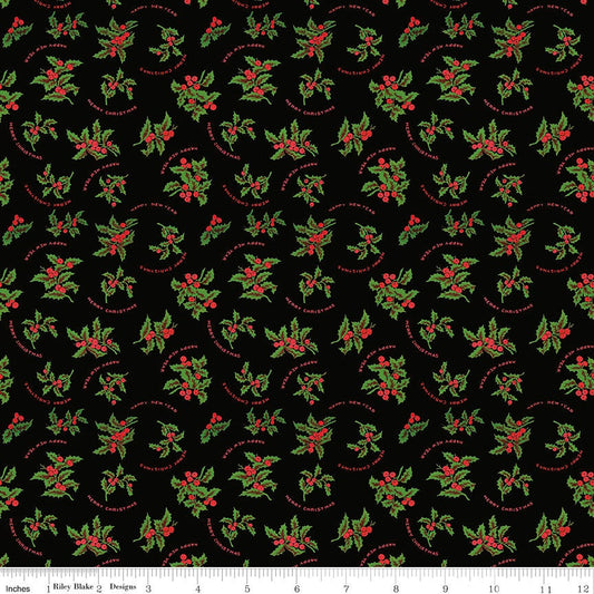 REMNANT 18" of All About Christmas - Holly on Black Fabric, Riley Blake C10800-Black, J Wecker Frisch