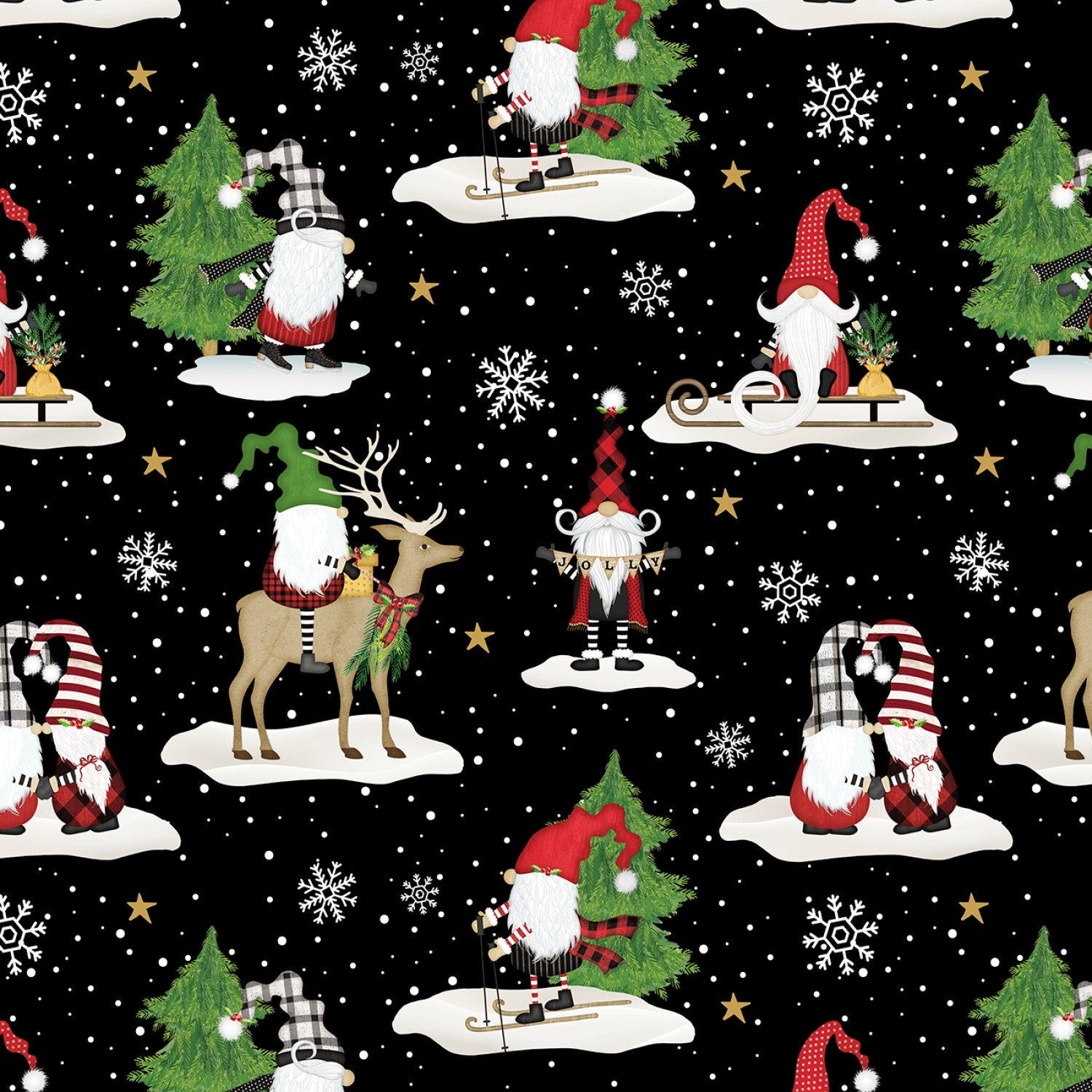 Gnome-antics Christmas Fabric, Wilmington Prints 82623-973, Gnomes Scenic Vignettes on Black Fabric, Jennifer Pugh