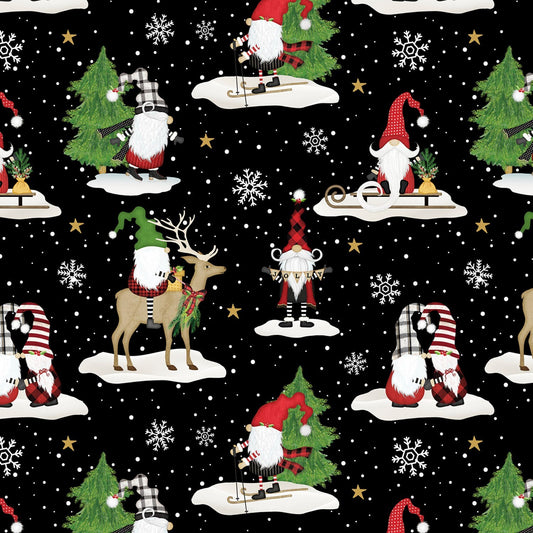 REMNANT 25" of Gnome-antics Christmas Fabric, Wilmington Prints 82623-973, Gnomes Scenic Vignettes on Black Fabric, Jennifer Pugh