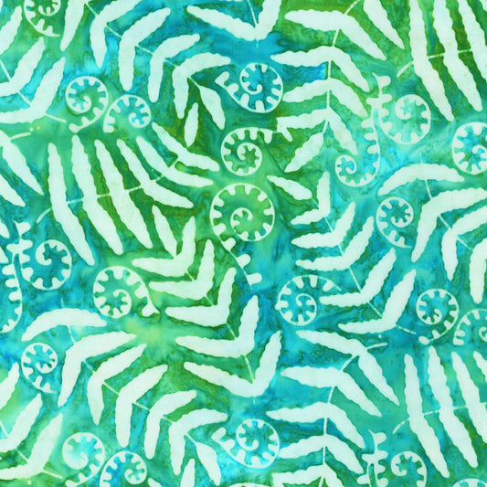 REMNANT 34" of Artisan Batiks Forest Glen - Green White Fern Leaves Batik Fabric, Robert Kaufman AMD-20613-30 Fern