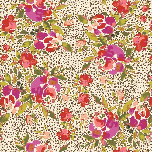 REMNANT 1 Yard 11" of 365 Fifth Avenue - Manhattan's Foliage Fuschia Green Floral Rose Fabric, Art Gallery Fabrics FAV-85848, Bari J, Agf
