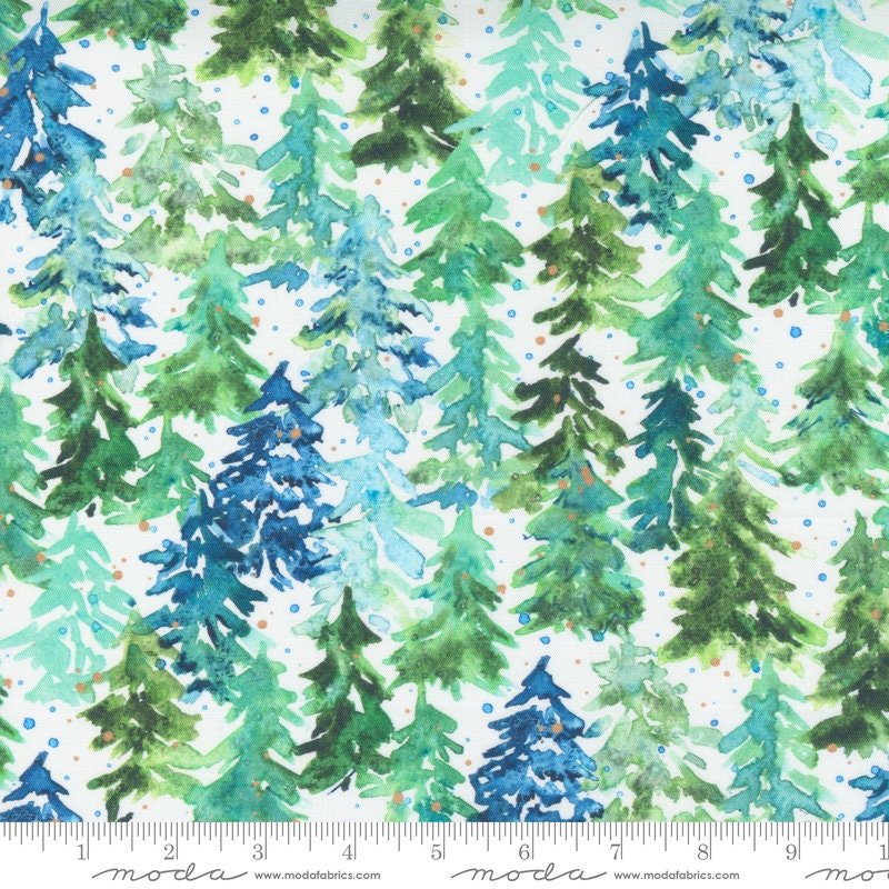 Starflower Christmas - Watercolor Christmas Trees Fabric, Moda 8482 11, Winter Pines Forest Fabric, Create Joy Project, By the Yard