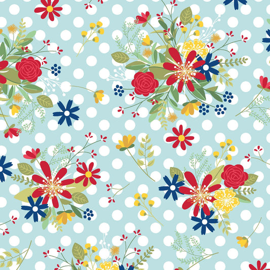 LAST CALL Red White and Bloom Polka Dot Flower Fabric, Maywood Studio MAS9904-Q, Floral Dot Modern Patriotic Fabric, Kimberbell, By the Yard