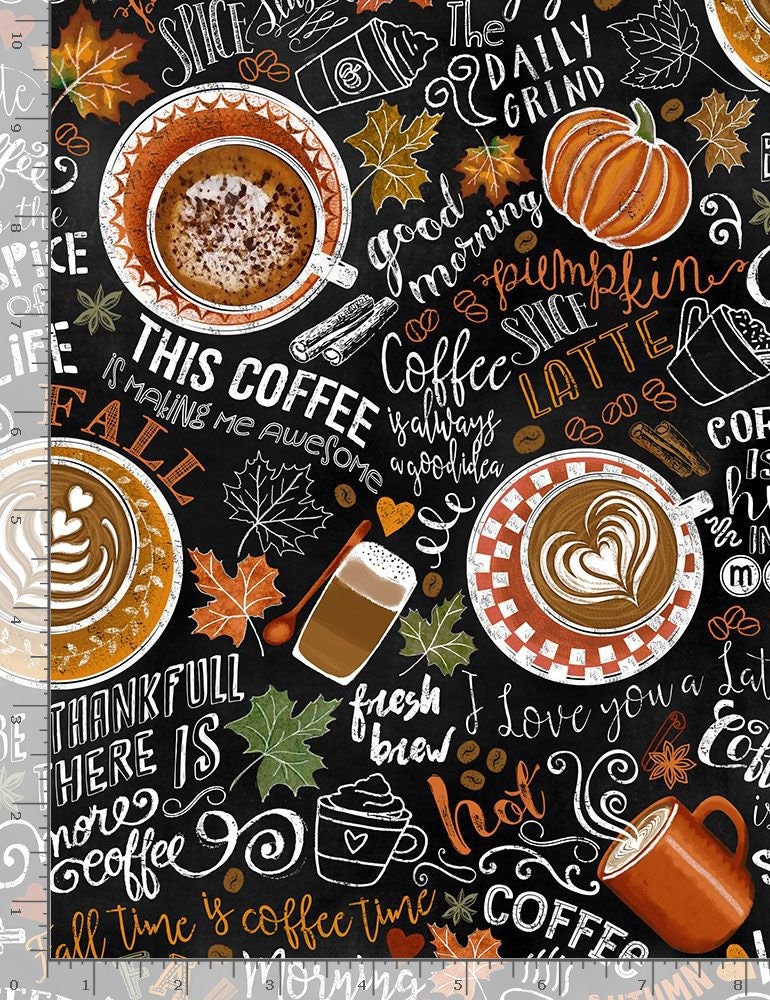 REMNANT 30" of Rise and Grind - Pumpkin Spiced Latte Autumn Fall Coffee Themed Fabric, Timeless Treasures GAIL-C7034