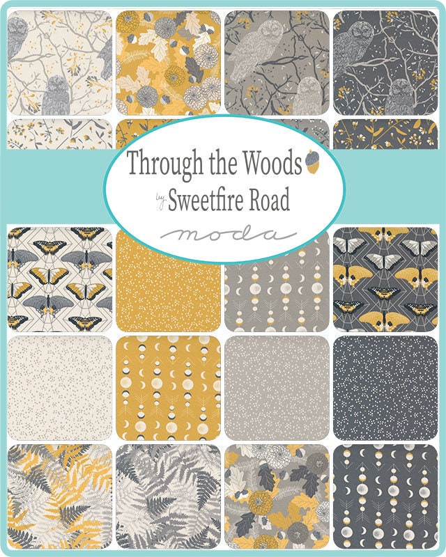 DESTASH Through the Woods Charm Pack, Moda 43110PP, 5" Precut Gray Mustard Owl Birds Floral Fabric Squares, Sweetfire Road