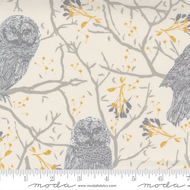 DESTASH Through the Woods Charm Pack, Moda 43110PP, 5" Precut Gray Mustard Owl Birds Floral Fabric Squares, Sweetfire Road