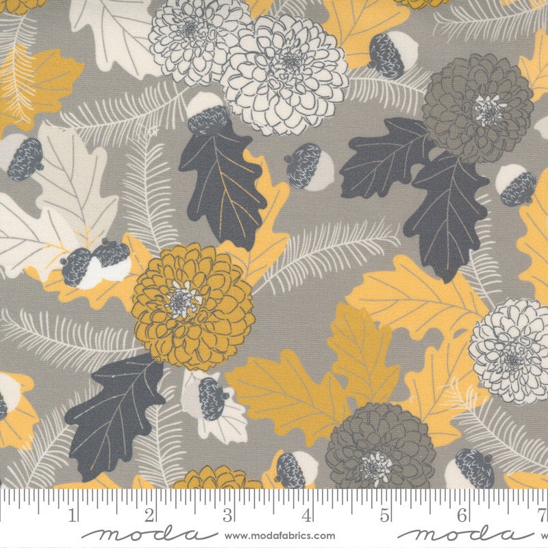 DESTASH Through the Woods Charm Pack, Moda 43110PP, 5" Precut Gray Mustard Owl Birds Floral Fabric Squares, Sweetfire Road