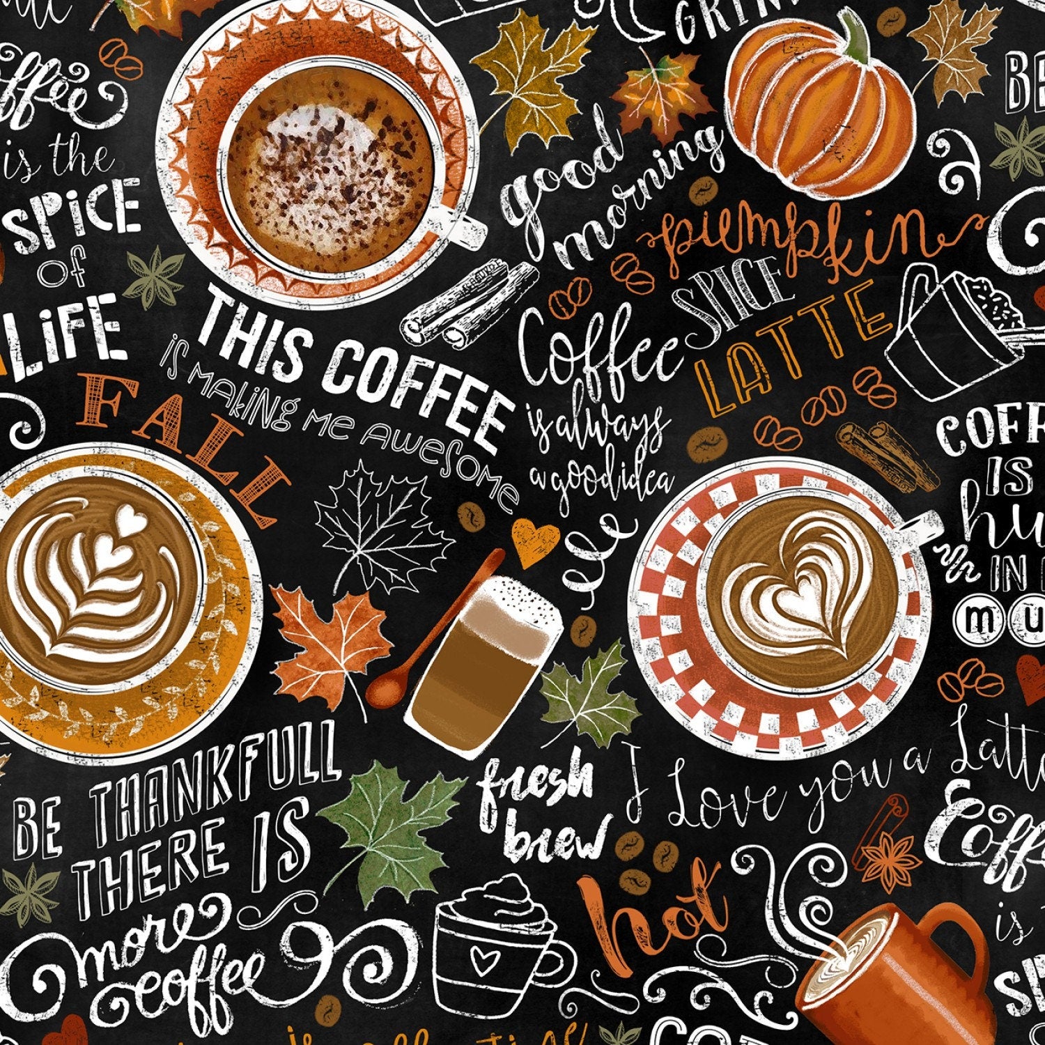 REMNANT 30" of Rise and Grind - Pumpkin Spiced Latte Autumn Fall Coffee Themed Fabric, Timeless Treasures GAIL-C7034