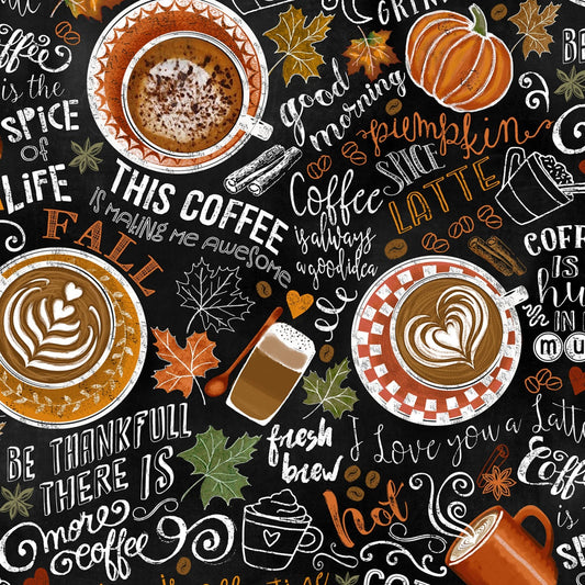 REMNANT 30" of Rise and Grind - Pumpkin Spiced Latte Autumn Fall Coffee Themed Fabric, Timeless Treasures GAIL-C7034
