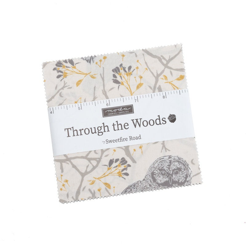 DESTASH Through the Woods Charm Pack, Moda 43110PP, 5" Precut Gray Mustard Owl Birds Floral Fabric Squares, Sweetfire Road