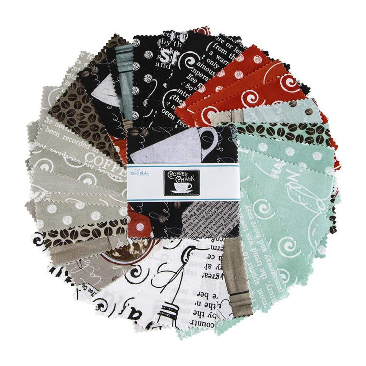 Coffee Chalk 5" Stacker OOP Charm Pack, Riley Blake 5-11030-42, 5" Precut Coffee Themed Charm Pack Fabric Squares, J Wecker Frisch