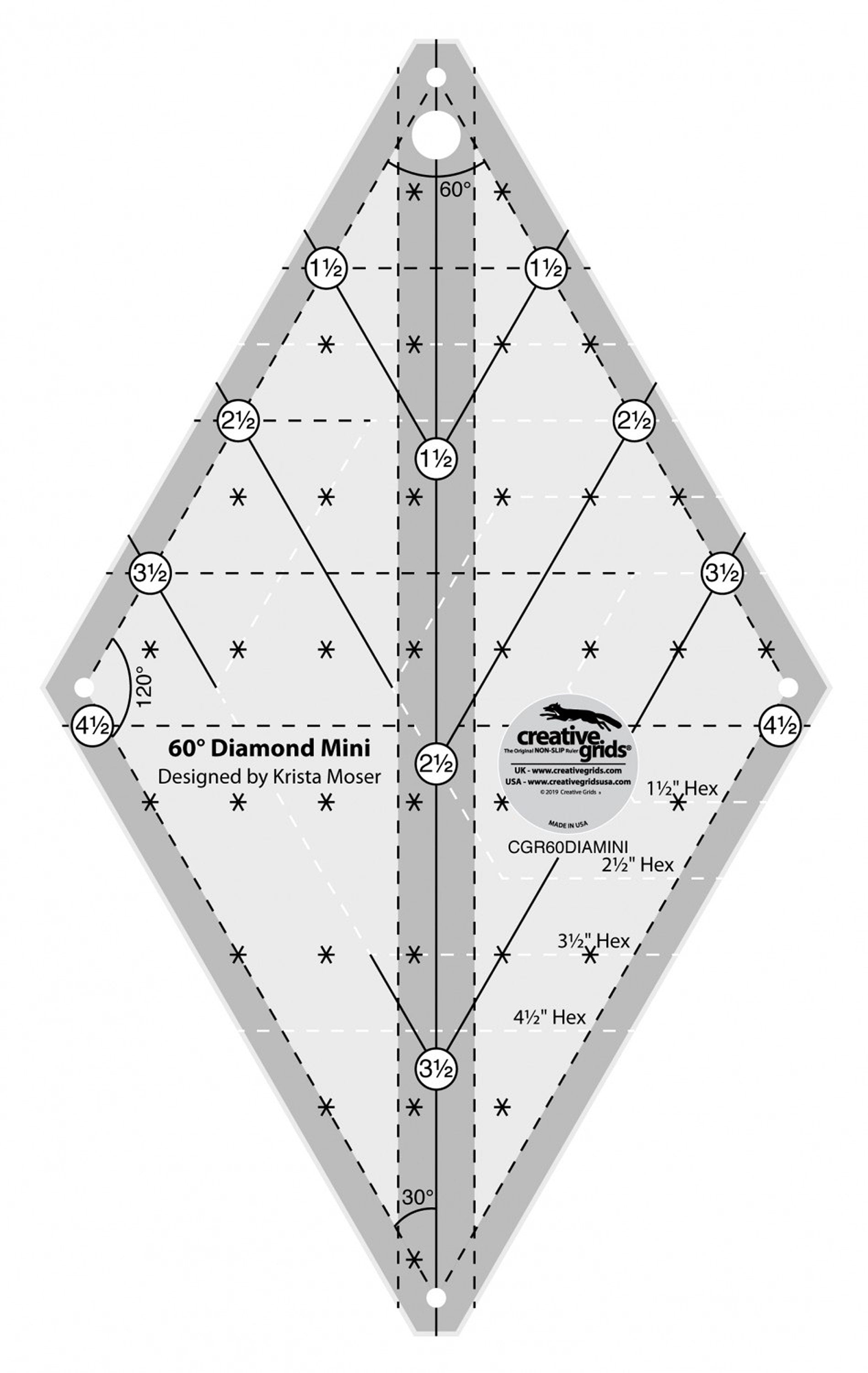 60 Degree Mini Diamond Ruler, Creative Grids CGR60DIAMINI, Diamond Mini Tool, Non-Slip Multi Size Triangle Ruler, Krista Moser