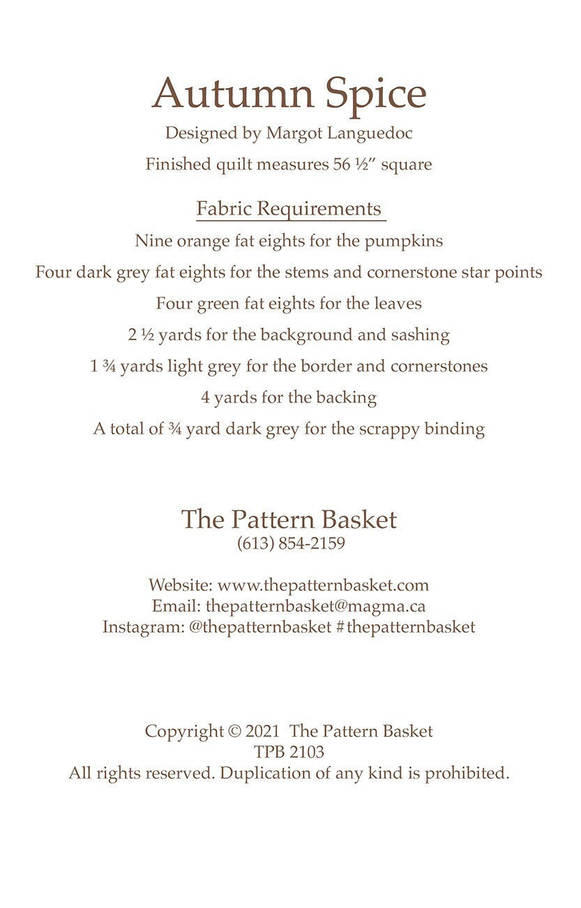 Autumn Spice Quilt Pattern, The Pattern Basket TPB2103, Fat Eighths Quarter FQ F8 Friendly Autumn Fall Pumpkin Circles Lap Quilt Pattern