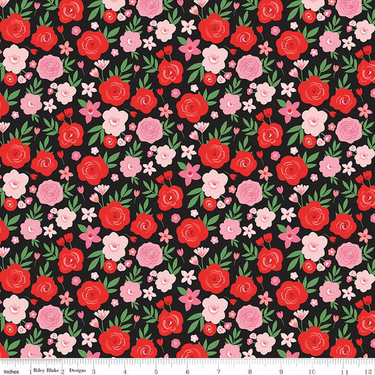 REMNANT 32" of Falling in Love - Pink Red Flowers on Black Fabric, Riley Blake C11281-Black, Valentine's Day Floral Fabric, Dani Mogstad