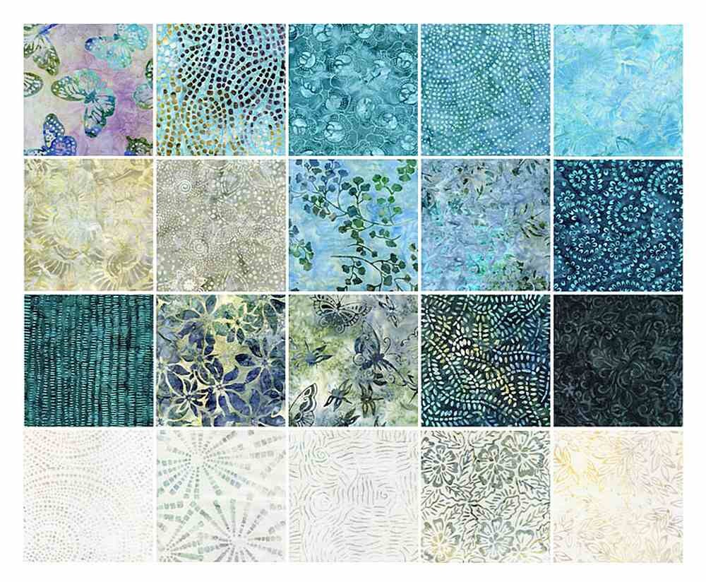 DESTASH Oasis Batik Charm Pack Fabric, Timeless Treasures Treat MINI-Oasis, 5" Precut Blue Green White Batik Charm Pack Fabric Squares