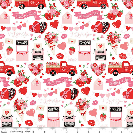 REMNANT 31" of Falling in Love - Main White Valentine's Day Fabric, Riley Blake C11280-White, Dani Mogstad, By the Yard