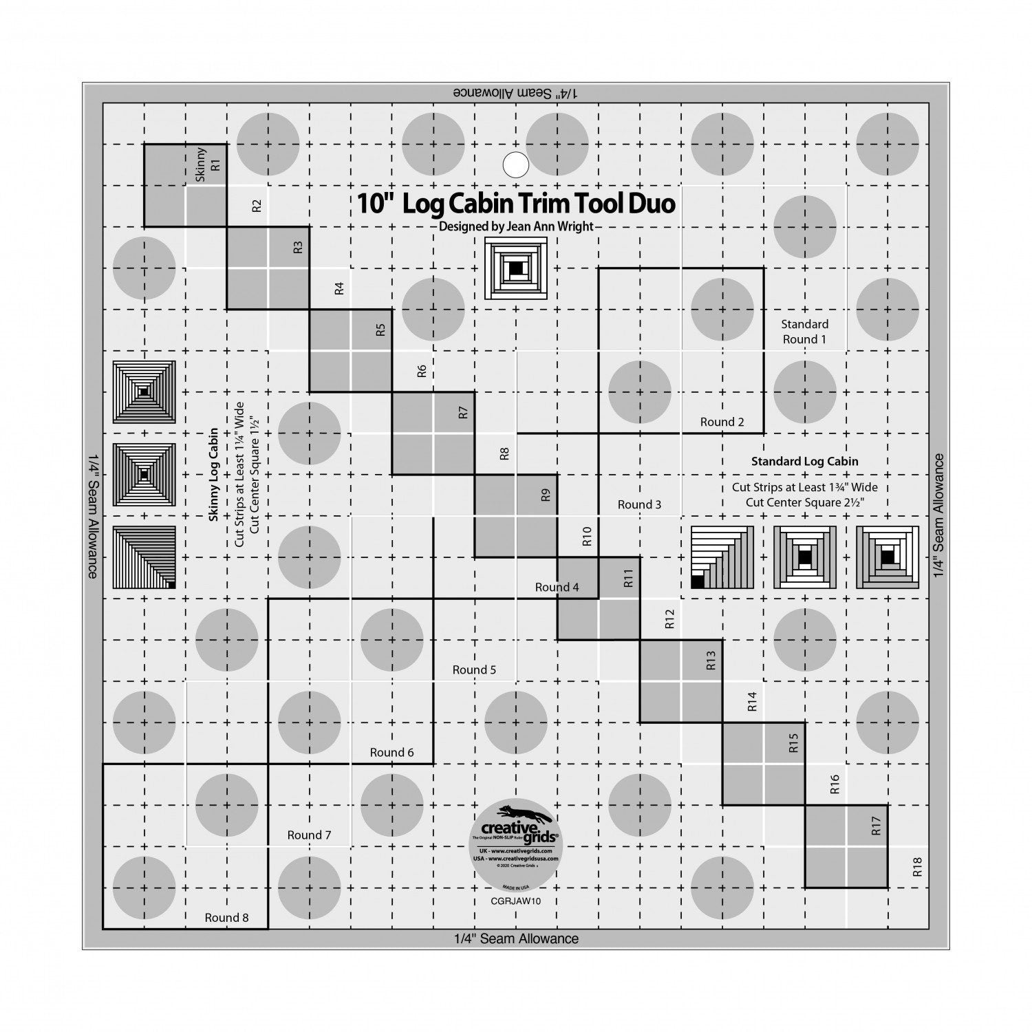 10" Log Cabin Trim Tool Duo, Creative Grids CGRJAW10, Quilting Ruler Tool, Non-Slip Ruler, Log Cabin Ruler