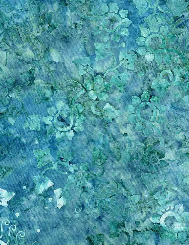 REMNANT 3 Yards 7" of 106" Xtonga Oasis - Blue Green Floral Batik Wide Quilt Back Fabric, Timeless Treasures B4590 Oasis