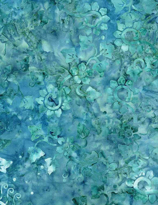 REMNANT 3 Yards 7" of 106" Xtonga Oasis - Blue Green Floral Batik Wide Quilt Back Fabric, Timeless Treasures B4590 Oasis