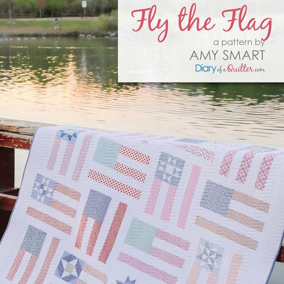 Fly the Flag Quilt Pattern, Diary of Quilter DOQ2101, Jelly Roll Fat Quarter FQ Friendly Patriotic US Flag Sampler Quilt Pattern, Amy Smart