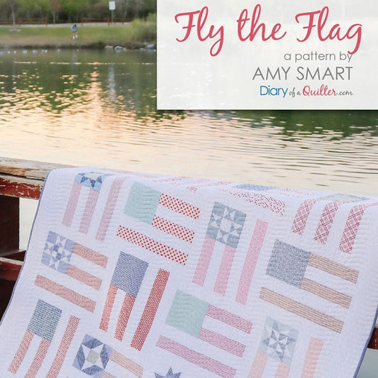 Fly the Flag Quilt Pattern, Diary of Quilter DOQ2101, Jelly Roll Fat Quarter FQ Friendly Patriotic US Flag Sampler Quilt Pattern, Amy Smart