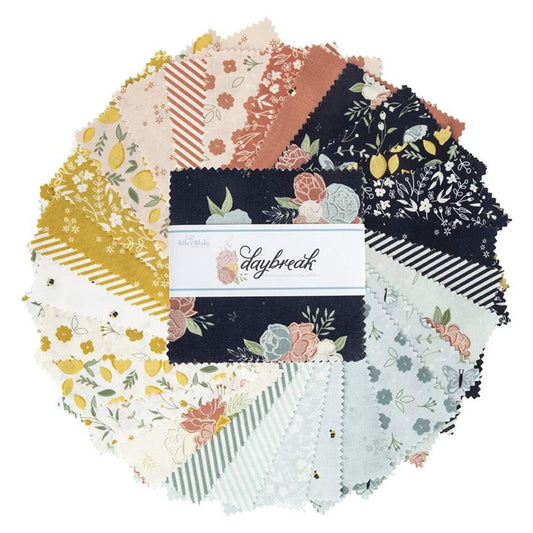 Daybreak 5" OOP Stacker, Riley Blake 5-11620-42, 5" Precut Pink Yellow Blue Floral Bee Charm Pack Fabric Squares, Cotton and Joy