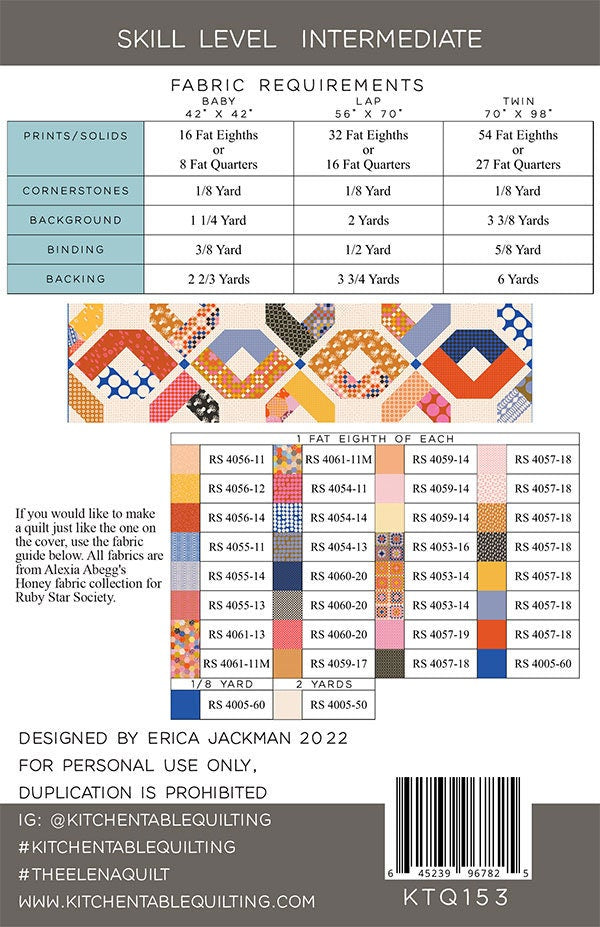The Elena Quilt Pattern, Kitchen Table Quilting KTQ153, Fat Eighth F8 Fat Quarter FQ Friendly, Baby Lap Twin Quilt Pattern, Erica Jackman