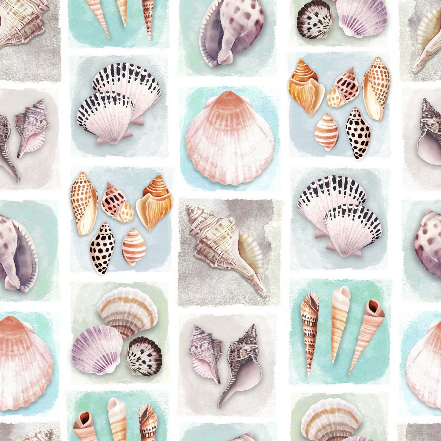 LAST CALL Seashell Wishes - Beach Collage Fabric, Clothworks Y3464-101 Turquoise