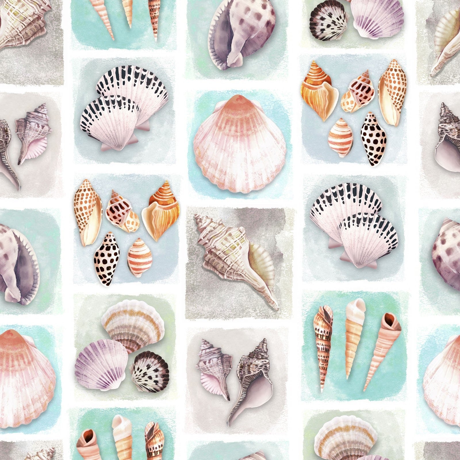 LAST CALL Seashell Wishes - Beach Collage Fabric, Clothworks Y3464-101 Turquoise