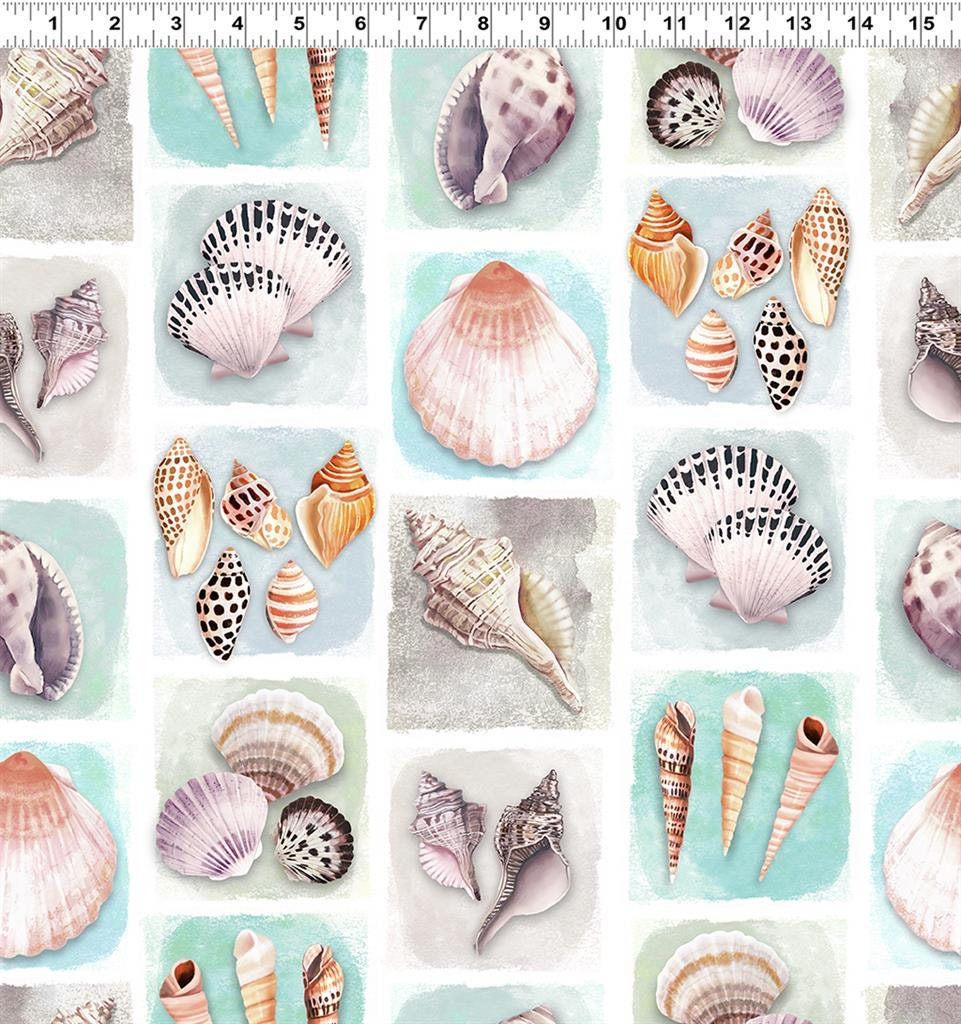 LAST CALL Seashell Wishes - Beach Collage Fabric, Clothworks Y3464-101 Turquoise